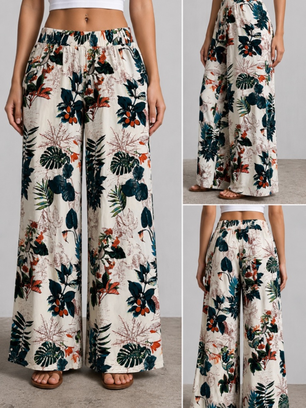 Tropical Boho Floral Women Elastic Waist Wide Leg Cover Up Pants w/Pockets Small
